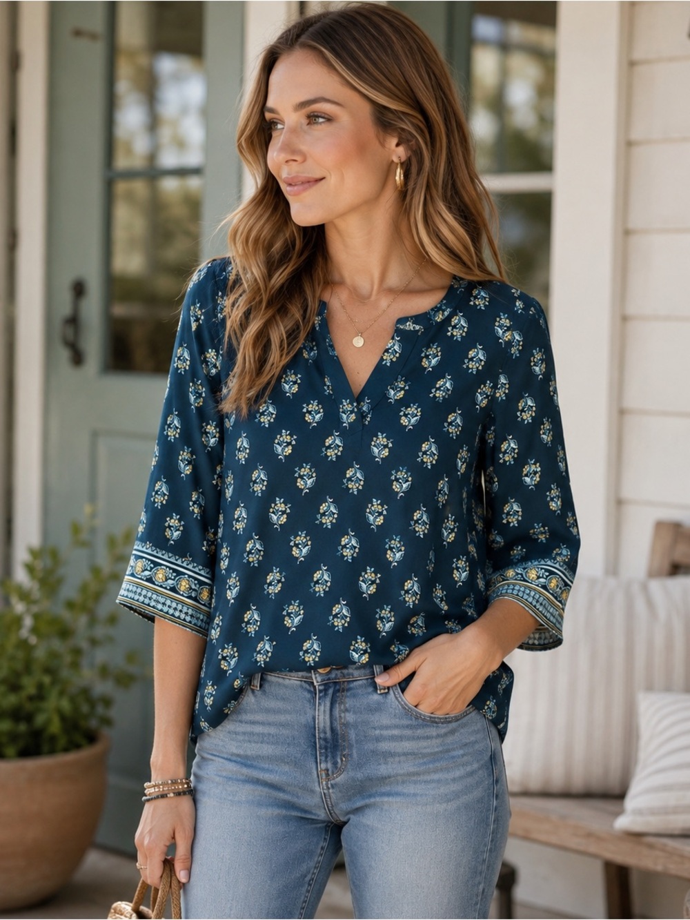 J Jill Wearever Blouse Easy-Care Floral Printed Bordered Top Blue Travel S